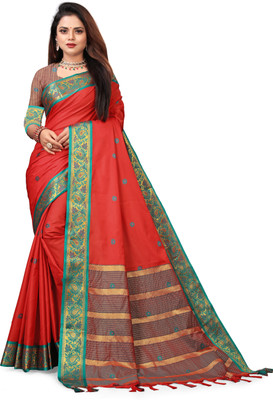 SHREE NATH CREATION Self Design, Solid/Plain Banarasi Cotton Silk, Silk Blend Saree(Red)