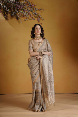 erika Printed, Geometric Print, Floral Print, Woven Patola Cotton Silk Saree(Beige)