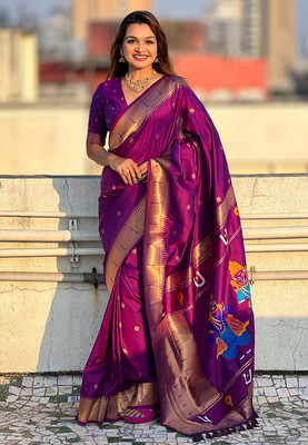 all about you Woven Bollywood Cotton Silk Saree(Purple)