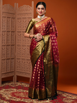 Tasrika Woven Banarasi Organza Saree(Maroon)