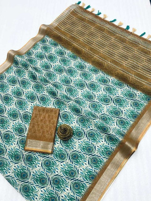 Margi Designers Floral Print Handloom Cotton Linen Saree(Green)