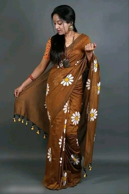 HouseOfCommon Printed Handloom Cotton Blend Saree(Brown)