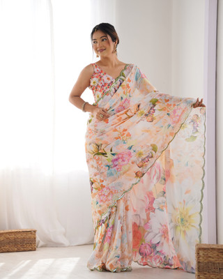aadhiya impex Floral Print Bollywood Chiffon Saree(Multicolor)