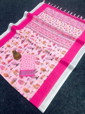Margi Designers Floral Print Handloom Cotton Linen Saree(Pink)