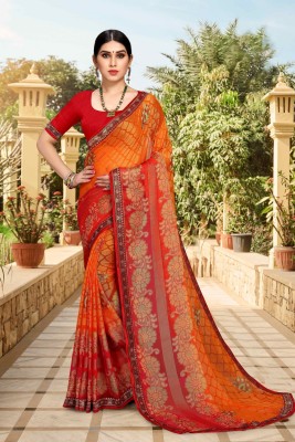 Divastri Printed Bollywood Brasso, Chiffon Saree(Red, Orange)