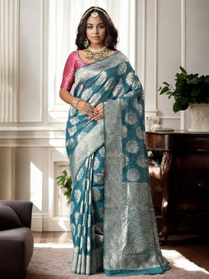 ANOUK Woven Mysore Linen Saree(Blue)