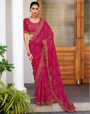 Satrani Embellished, Self Design Bandhani Georgette Saree(Pink)