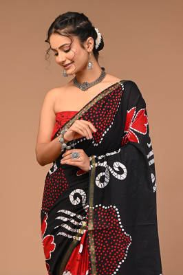 Shreeji Textiles Printed Bollywood Pure Cotton Saree(Black)