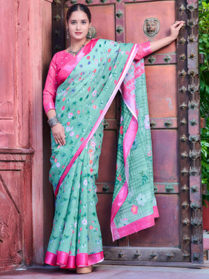 Anouk Rustic Digital Print Hand Batik Cotton Linen Saree(Light Green)