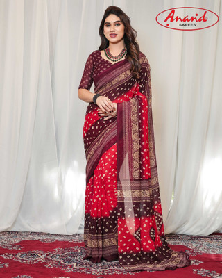 kashvi sarees Printed, Geometric Print Bandhani Georgette Saree(Red, Brown)