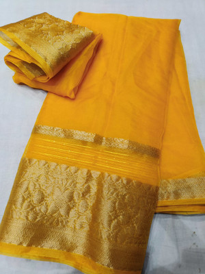 GoVika Self Design Bollywood Tissue Saree(Yellow)