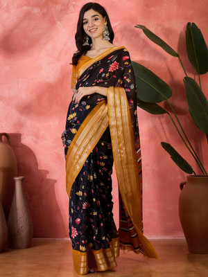 Vichitra Printed Bollywood Silk Blend Saree(Black)