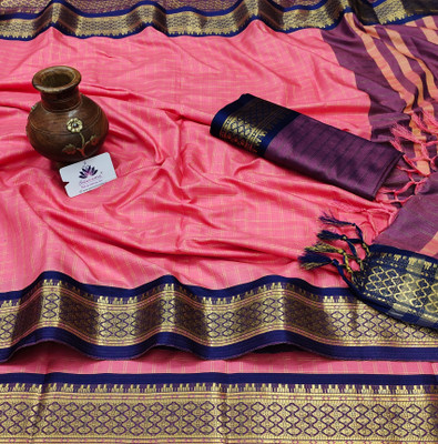 sanvi Woven, Checkered, Embellished, Self Design Daily Wear Jacquard, Cotton Silk Saree(Pink)