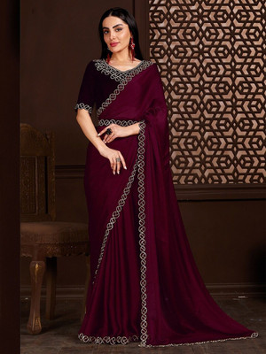 RAJESHWAR FASHION Embellished, Solid/Plain Bollywood Chiffon, Satin Saree(Purple)