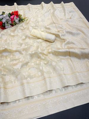 AAINA CREATION Floral Print Bollywood Tissue Saree(Cream)