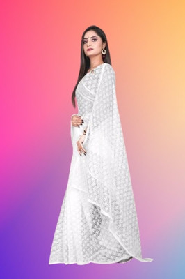 Nexafashion Dyed Bollywood Net Saree(White)