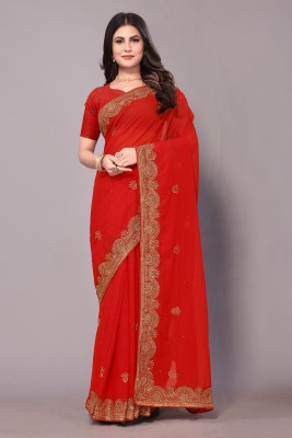 FluteFashion Embroidered Bollywood Georgette Saree(Red)