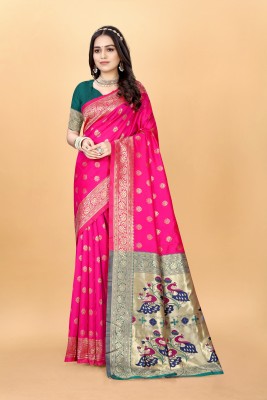 VARNI FABRICS Woven Paithani Silk Blend Saree(Pink)