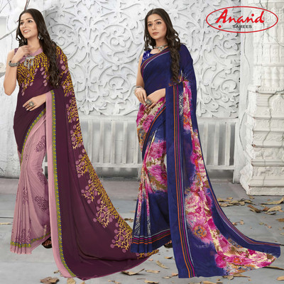 Anand Sarees Floral Print Daily Wear Georgette Saree(Pack of 2, Purple, Beige, Multicolor)