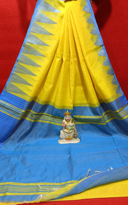manoramash Temple Border Handloom Cotton Silk Saree(Yellow)