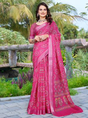 Anouk Rustic Digital Print Chinnalapattu Cotton Linen Saree(Pink)