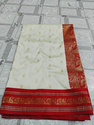 Afronza Embellished, Woven, Temple Border, Self Design Garad Pure Silk, Jacquard Saree(White, Red)