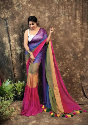 Lakshmi Boutique Striped, Printed Handloom Mulmul Saree(Pink)