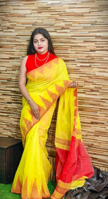 RM CREATION Temple Border Handloom Handloom Cotton Silk Saree(Yellow)
