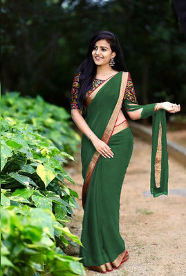 Sareez House Solid/Plain Bollywood Georgette Saree(Dark Green)