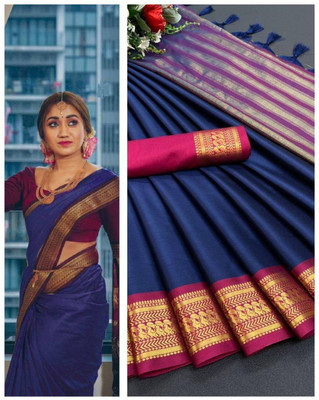 mishu Self Design Chanderi Cotton Silk Saree(Dark Blue)