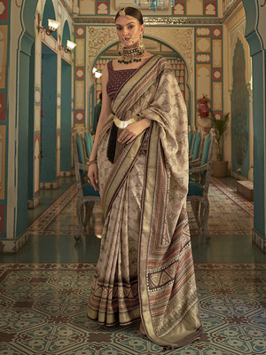 Sareemall Woven Banarasi Silk Blend Saree(Cream)
