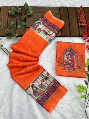 FULIYA SILK Digital Print Madhubani Linen Saree(Orange)