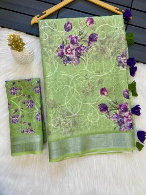 bhavika silk mills Digital Print Bollywood Cotton Linen Saree(Light Green)