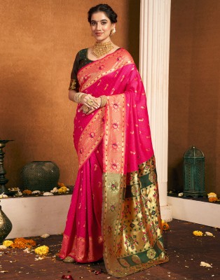 Samah Woven, Embellished Paithani Silk Blend, Jacquard Saree(Green, Pink)