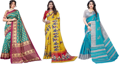 YASHIKA Printed Kasavu Art Silk Saree(Pack of 3, Blue, Yellow, Grey)