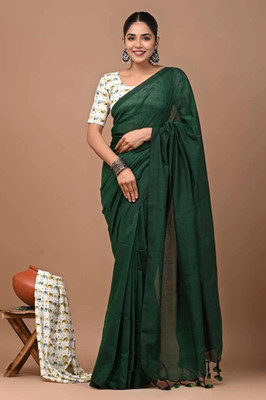 CLOTHARS Woven Handloom Khadi Saree(Dark Green)