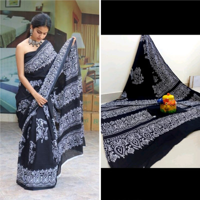 DASTKARPRINT Printed, Color Block, Blocked Printed, Floral Print Daily Wear Pure Cotton Saree(Black)