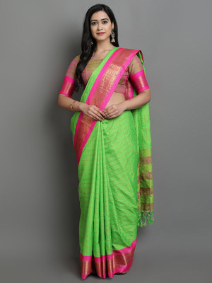 HouseOfCommon Checkered, Embellished, Self Design, Striped, Woven Mysore Cotton Silk, Jacquard Saree(Light Green, Pink, Gold)