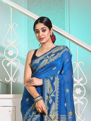 SOUMEN CREATION Self Design Handloom Handloom Cotton Blend Saree(Light Blue)