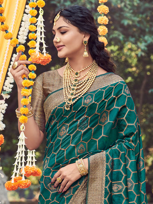 Divastri Printed Banarasi Organza Saree(Dark Green)
