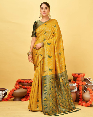 SIRIL Printed Banarasi Silk Blend Saree(Yellow)