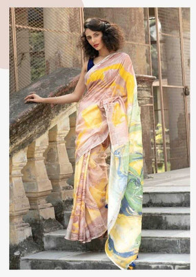 Luxury Silk Printed Bhagalpuri Handloom Cotton Blend Saree(Brown)