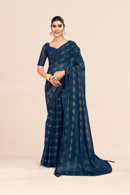 Sanskriti Synthetics Solid/Plain Handloom Chiffon Saree(Blue)