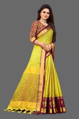 SHARIRI Woven Bollywood Jacquard Saree(Yellow, Maroon)