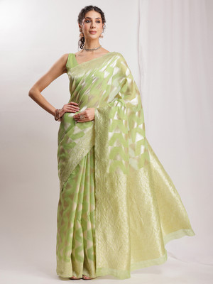 Janasya Woven Banarasi Silk Blend Saree(Light Green)