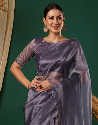 Samah Embroidered, Dyed Bollywood Net Saree(Purple)