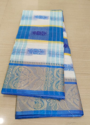 GOLU Self Design Tant Pure Cotton Saree(White, Dark Blue)