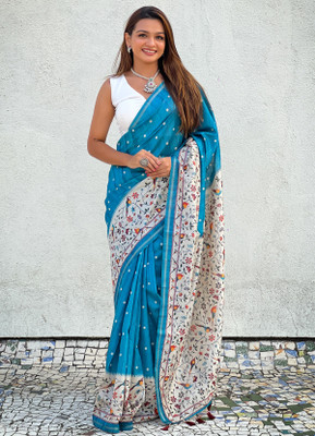 Nayanthara Trends Printed Kalamkari Silk Blend Saree(Blue)