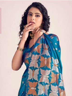 Spetila Woven, Printed Banarasi Silk Blend, Jacquard Saree(Light Blue)