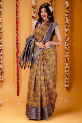 Murta Trends Self Design, Embellished, Woven Bollywood Pure Silk, Jacquard Saree(Mustard, Dark Blue)